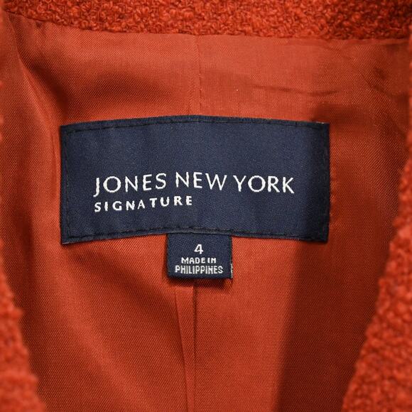 JONES NY Womens Wool Tweed Jacket Size 4 Red Orange Belted Button Retro Collared - Picture 7 of 13